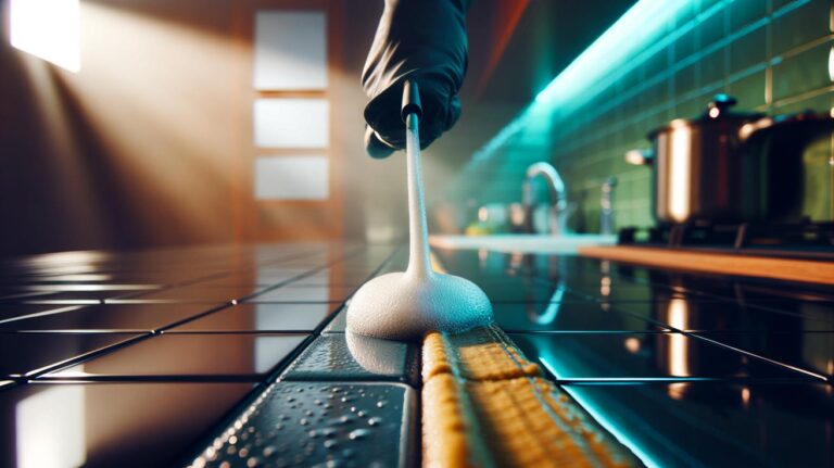 Illustration de [un gel moussant de cuisine appliqué sur des joints de carrelage pour les rendre impeccables en un seul passage]