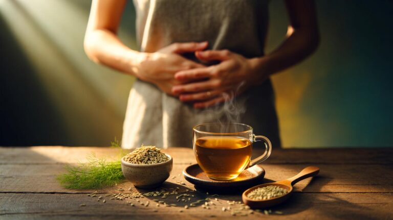 Illustration de graines de fenouil et d’une tisane chaude destinées à calmer les douleurs digestives