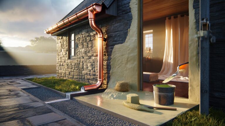 Illustration de la méthode naturelle pour traiter des murs humides : drainage en pied, enduit à la chaux et ventilation