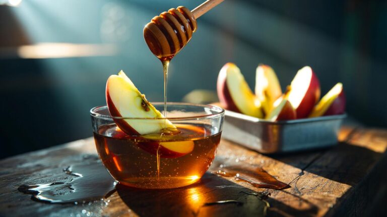 Illustration de tranches de pommes coupées plongées dans un bain au miel dilué pour empêcher le noircissement