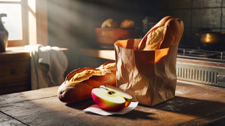 Illustration de [une tranche de pomme glissée dans un sac en papier avec un pain pour empêcher le rassissement]