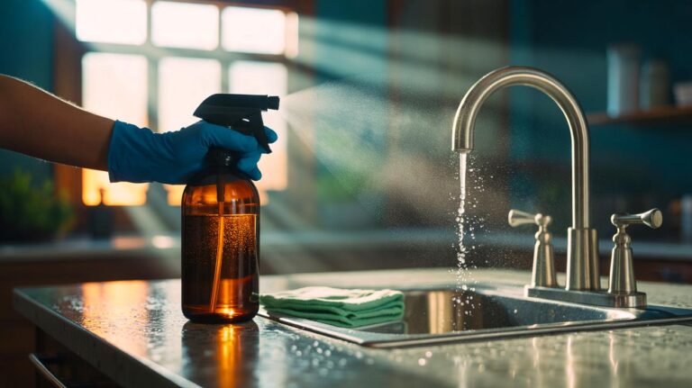 Illustration de la préparation d’un spray désinfectant maison à base d’alcool 70 %, de peroxyde d’hydrogène et d’un tensioactif, appliqué sur des surfaces domestiques