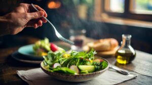 Illustration de la consommation d’une salade verte en début de repas