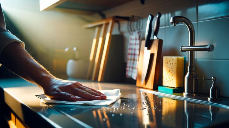 Illustration de séchage immédiat des surfaces et ustensiles de cuisine pour prévenir la prolifération de bactéries